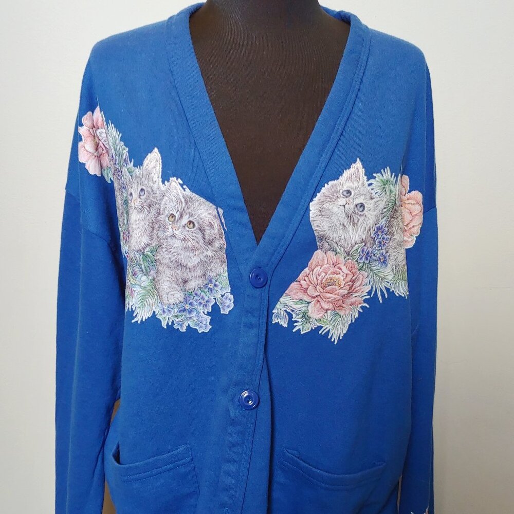 Cat Cardigan Cobalt Blue Kitschy Grandma Button up